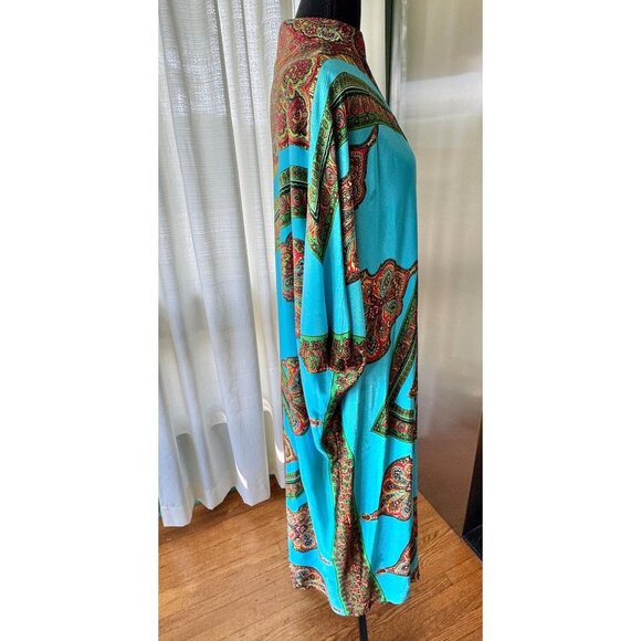 Vintage 70s muumuu, peacock blue, orange green abstract print, front zipper - Picture 8 of 10